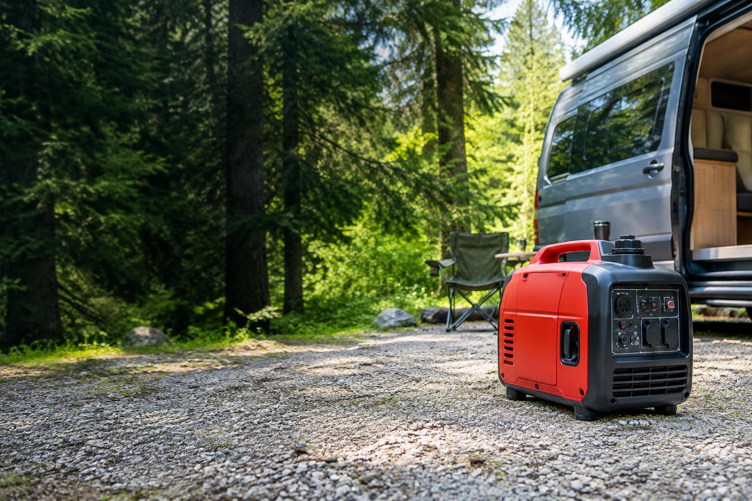 Invertergenerator op een camping naast een camper